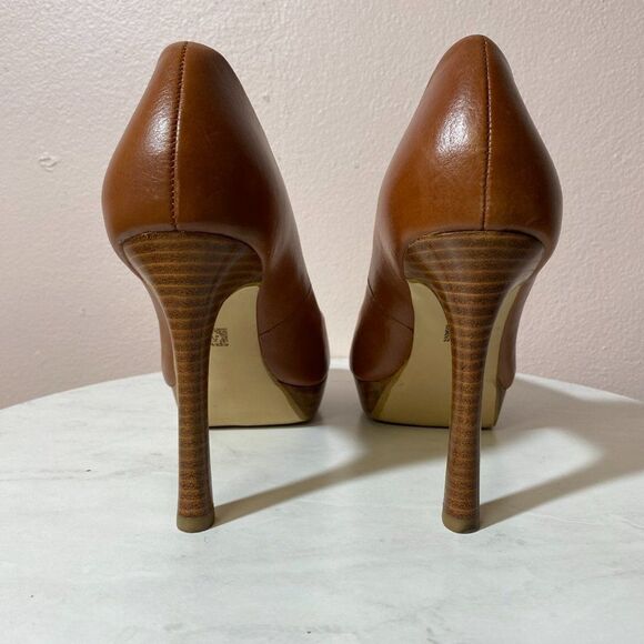 ANNE KLEIN Brown Leather Peep Toe Platform Pumps - Picture 4 of 6